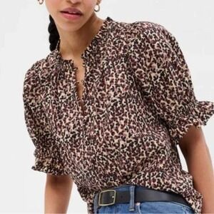 Gap Puff Sleeve Ruffle Top Blouse SMALL Poplin Cotton Brown Animal Feminine